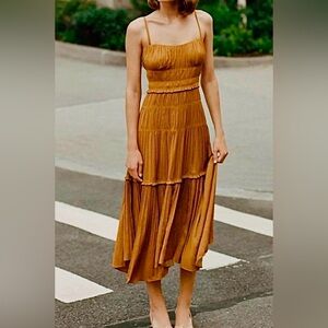 Anthropologie Ruched & Tiered Bronze Satin Midi Dress with Sweetheart Neckline